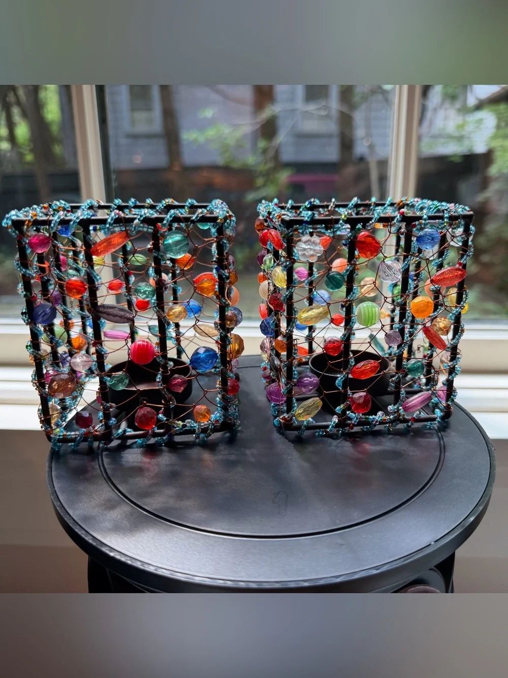 Bohemian EUC Set of 4 Handmade Multicolor Glass Beaded Candle Holders